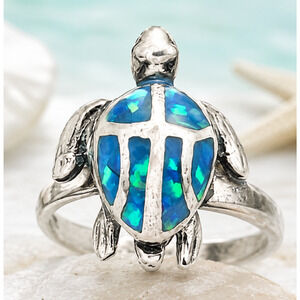 Mexico 925 Sterling Silver Blue Opal Turtle Ring Size 6 Adjustable Coastal Sea